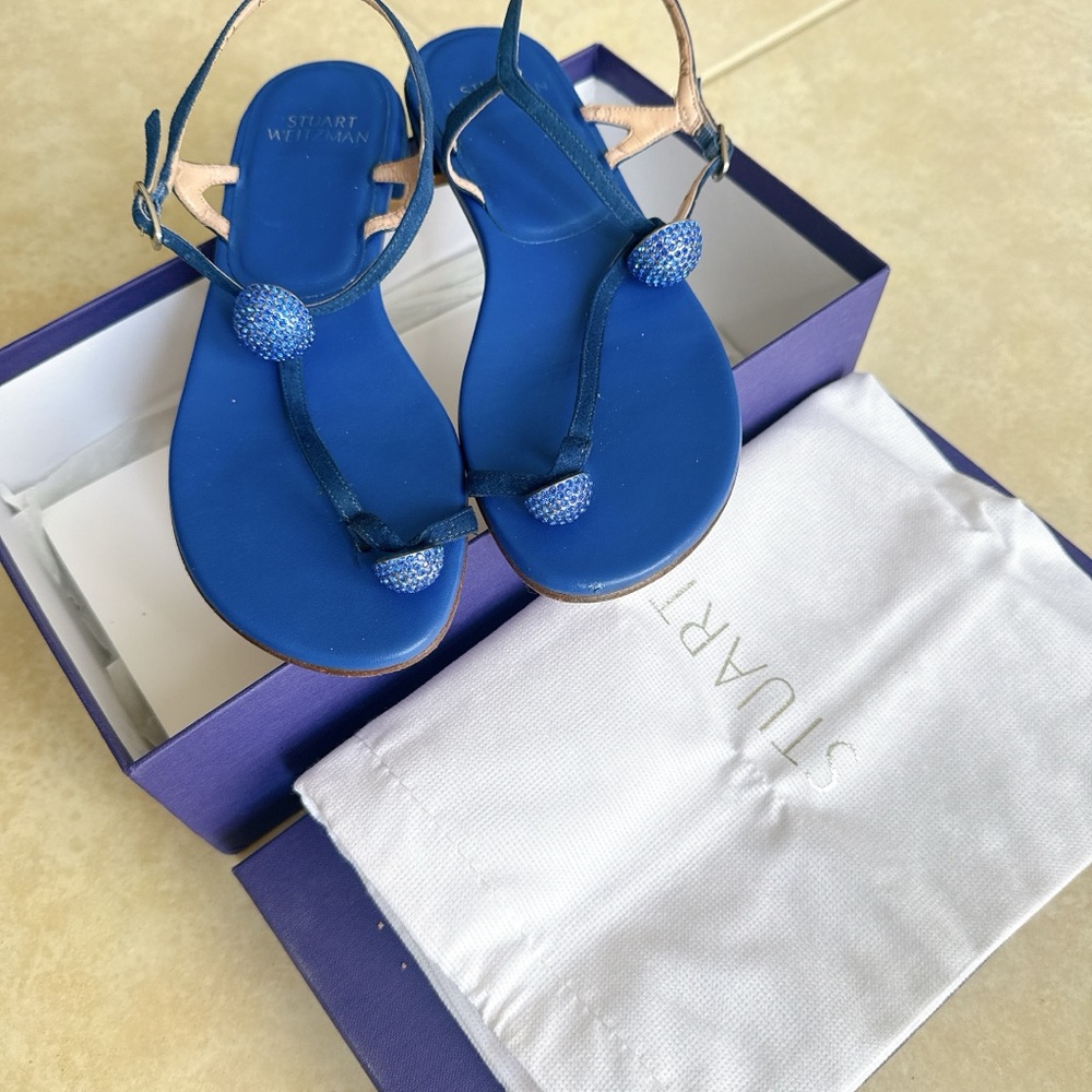 Stuart Weitzman Royal Blue Leather T-Strap Sandals - Picture 2 of 6